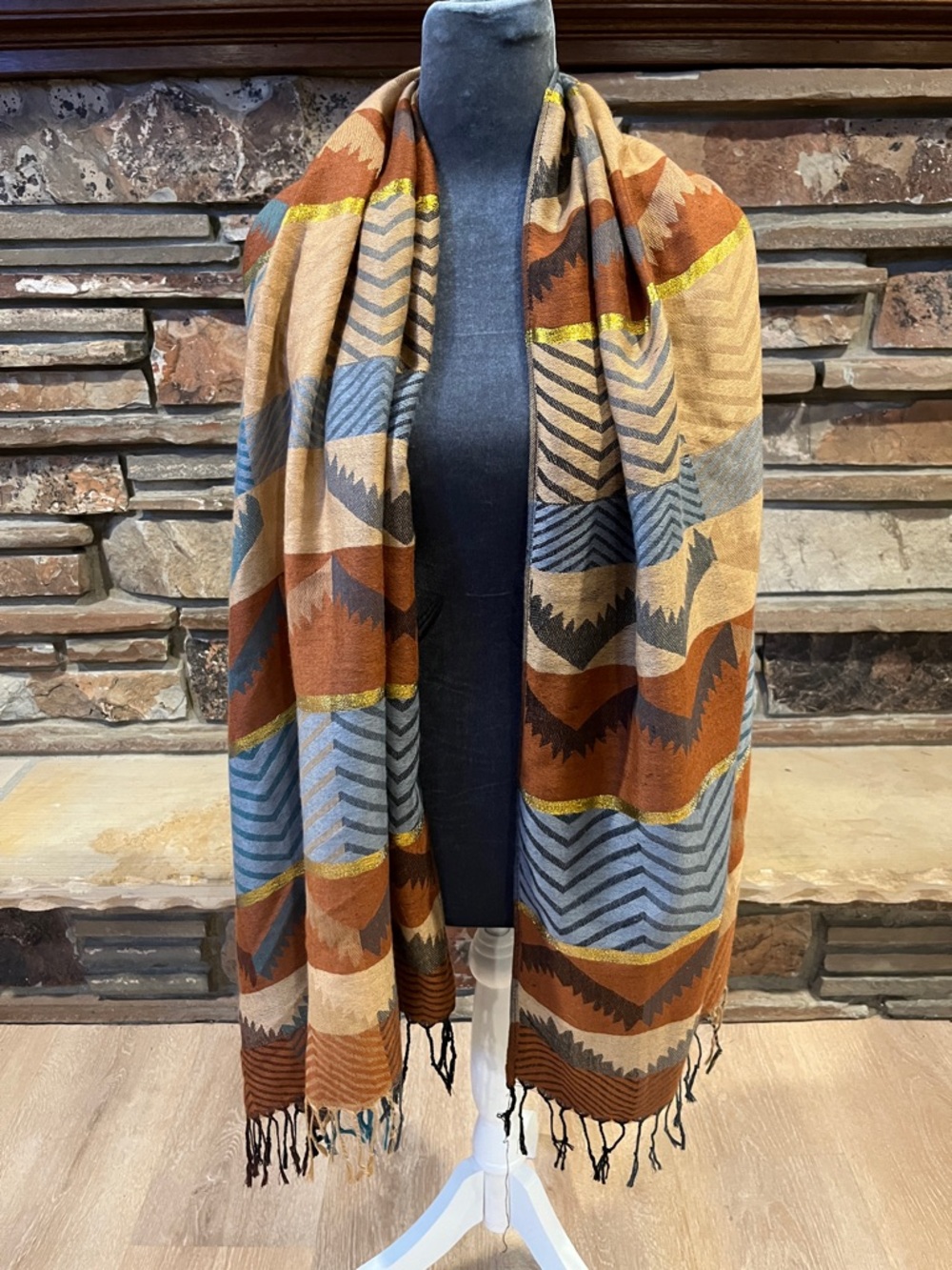 Southwest Geometric Pattern Fringe Scarf in Rust, Blue & Tan